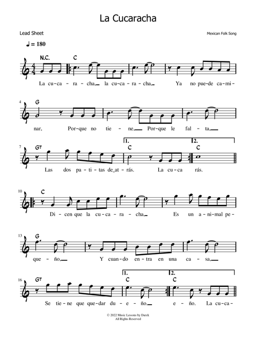 La Cucaracha (LEAD SHEET) [Mexican Folk Song] (Arr. Darek) (Lead Sheet - Fake Book)