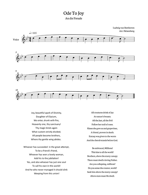 Beethoven - Ode To Joy for voice in Bb (Lyrics in English) (Arr. Heisenberg) (Lead Sheet - Fake Book)