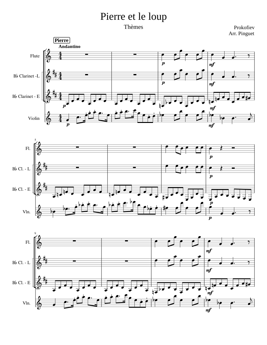Peter and the Wolf Op.67 Sergei Prokofiev Sheet music for Flute Clarinet in b flat Violin Mixed Quartet Musescore