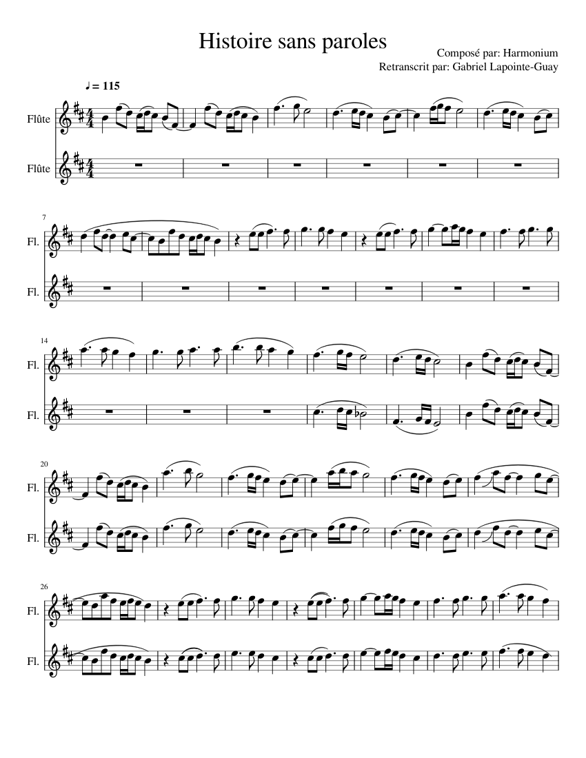 Histoire sans paroles Sheet music for Flute Woodwind Duet Musescore