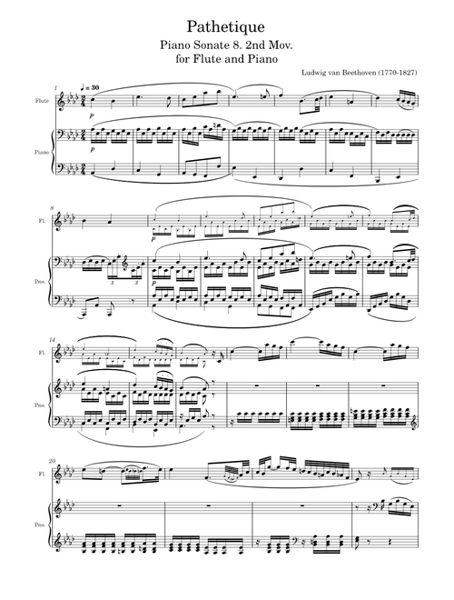 Beethoven - "Pathetique",  Piano Sonate 8. 2nd Mov. for Flute and Piano