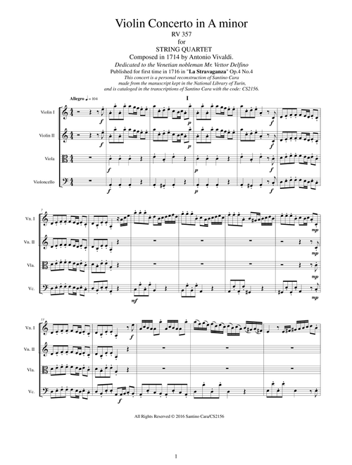 Vivaldi - Violin Concerto in A minor RV 357 Op.4 No.4 for String Quartet (Arr. Santino Cara) - Vivaldi Antonio (String Quartet)