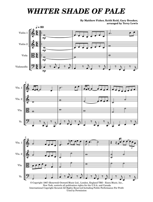 A Whiter Shade Of Pale (Arr. Terry Lewis) - Procol Harum (String Quartet)