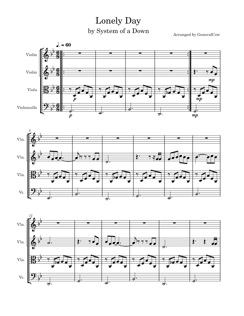 Lonely day System of a Down String Quartet Sheet music for Violin Viola Cello String Quartet Musescore