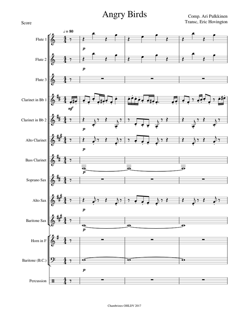Angry Birds Sheet Music for Flute, Clarinet in b-flat, Clarinet bass ...