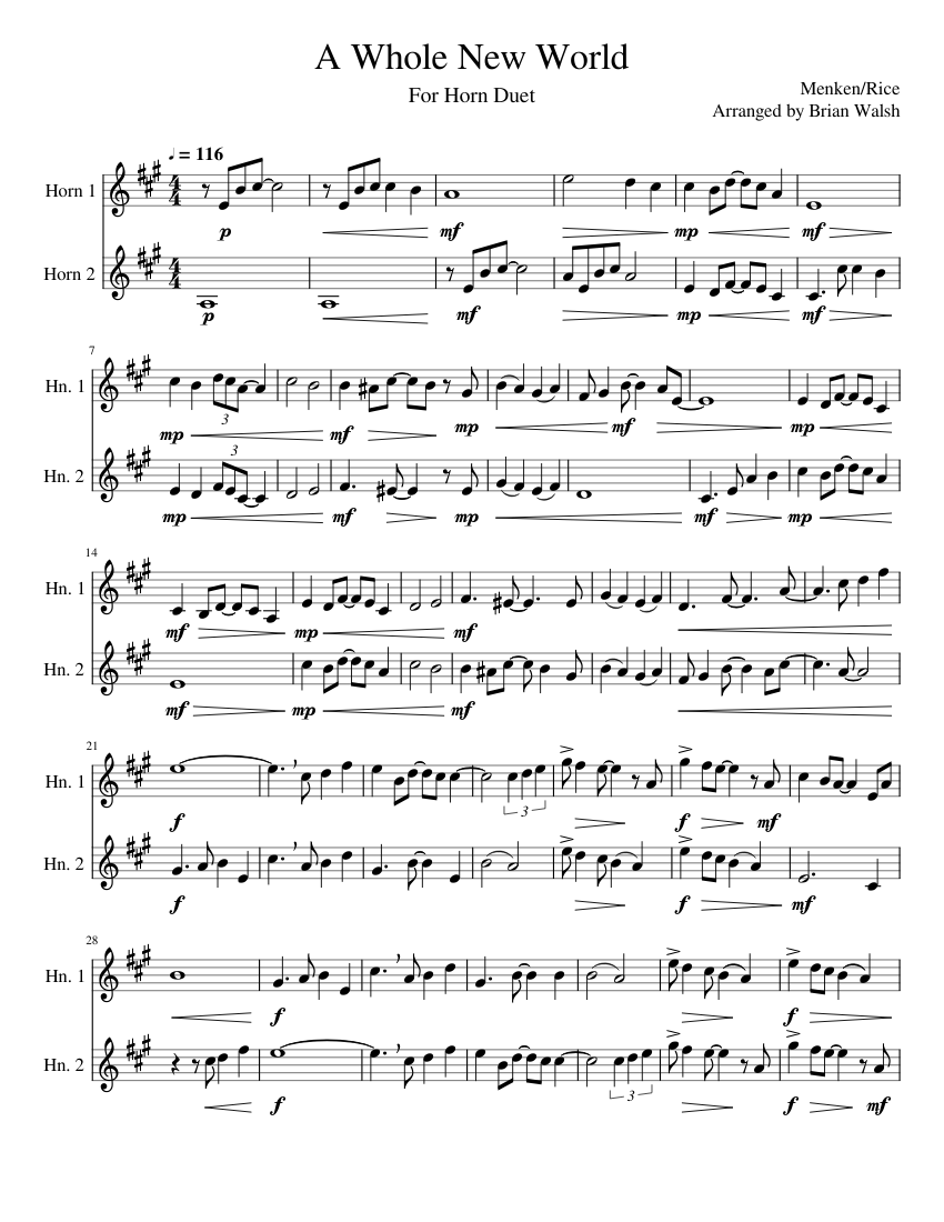A Whole New World for Horn Duet Sheet music for French horn (Brass Duet