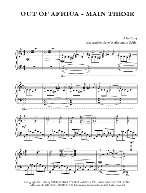 I Had A Farm In Africa (Main Title) (Arr. Alessandra Gelfini) - John Barry (Piano Solo)