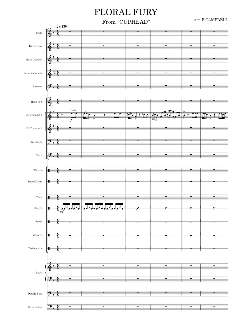 Floral Fury Cuphead Sheet music for Piano, Trombone, Tuba, Tambourine