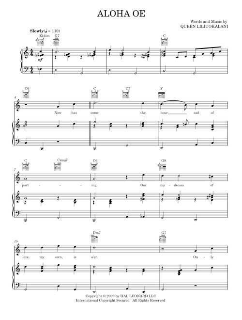 Aloha Oe - Queen Liliuokalani (Piano-Vocal-Guitar)