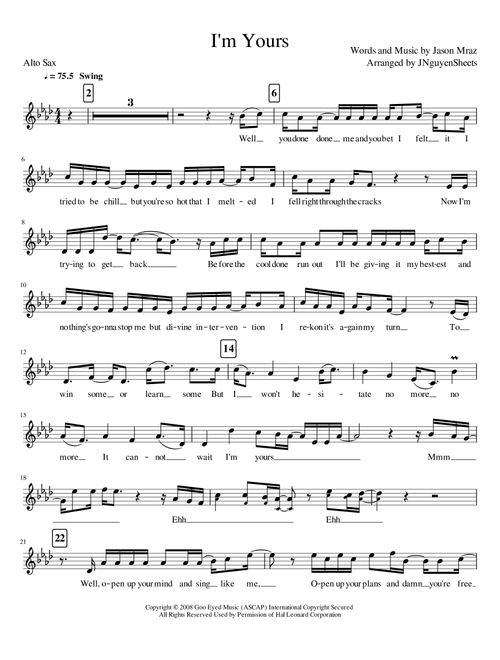 I'm Yours (Arr. JNguyenSheets) - Jason Mraz (Alto Sax Solo)