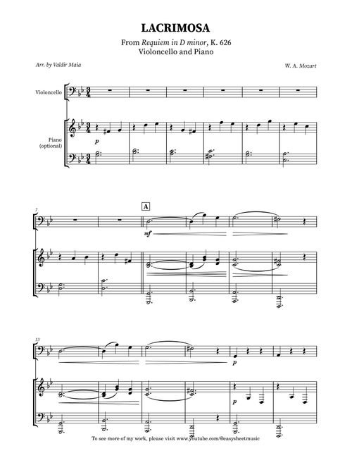 Mozart's Lacrimosa for Cello and Piano (Arr. Valdir Maia) (Cello and Piano)
