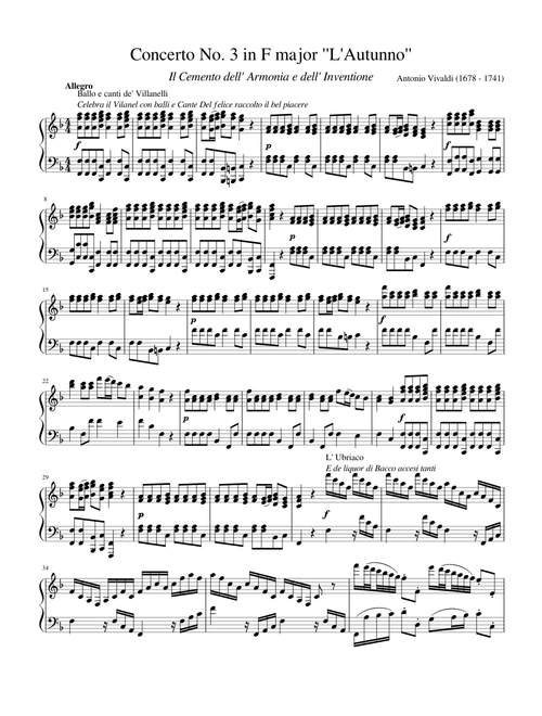 Vivaldi - Violin Concerto in F major, Op. 8, No. 3, RV. 293 "Autumn" for Solo Piano