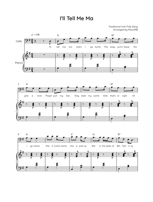 I'll Tell Me Ma - Cello with Piano in G Easy with Chords and Lyrics (Arr. MissoRB) - Traditional Irish Folk Song (Cello and Piano)