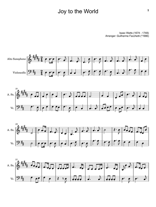 Joy to the World A. Sax. and Cello. (Arr. Guilherme Facchetti) - Isaac Watts (Instrumental Duet)
