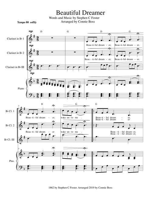Beautiful Dreamer Key of F Bb Clarinet Trio (Arr. Connie Boss) - Stephen C Foster (Small Ensemble)