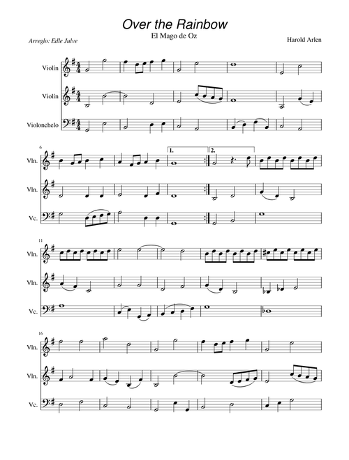 Over the Rainbow for two violins and cello (G Major)