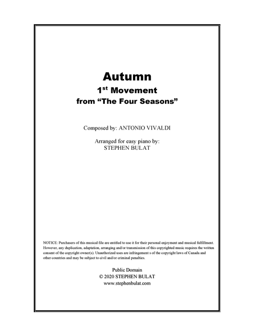 Autumn - 1st Movement from "The Four Seasons" (Vivaldi) - Arranged for easy piano (Arr. Stephen Bulat) - Antonio Vivaldi (Easy Piano)