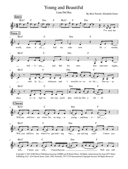 Young And Beautiful (Arr. Heidi Savoie) - Lana Del Ray (Lead Sheet - Fake Book)