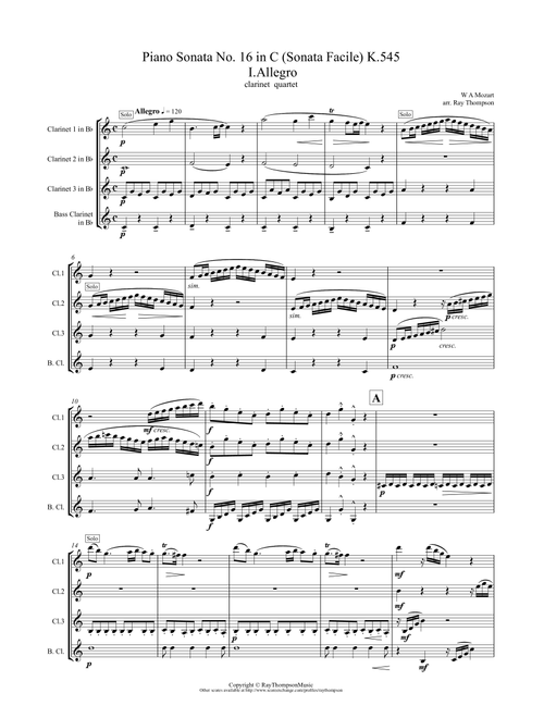 Mozart: Piano Sonata No.16 in C (Sonata Facile) K545 Mvt.I Allegro - clarinet quartet (Arr. Ray Thompson) - Wolfgang Amadeus Mozart (Woodwind Ensemble)