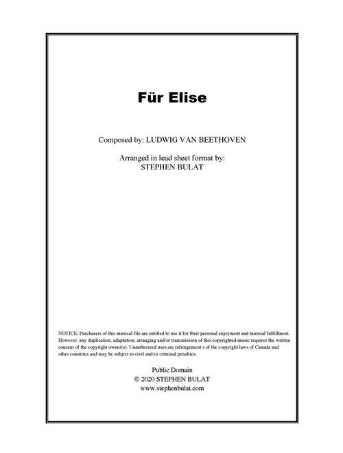Für Elise (Beethoven) - Lead sheet in original key of Am (Arr. Stephen Bulat) - Ludwig van Beethoven (Large Ensemble)