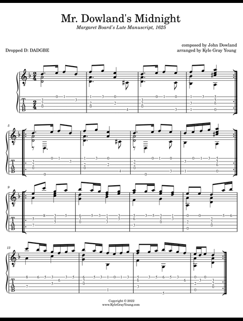 Mr. Dowland's Midnight (guitar tab) (Arr. Kyle Gray Young) (Guitar Tab)