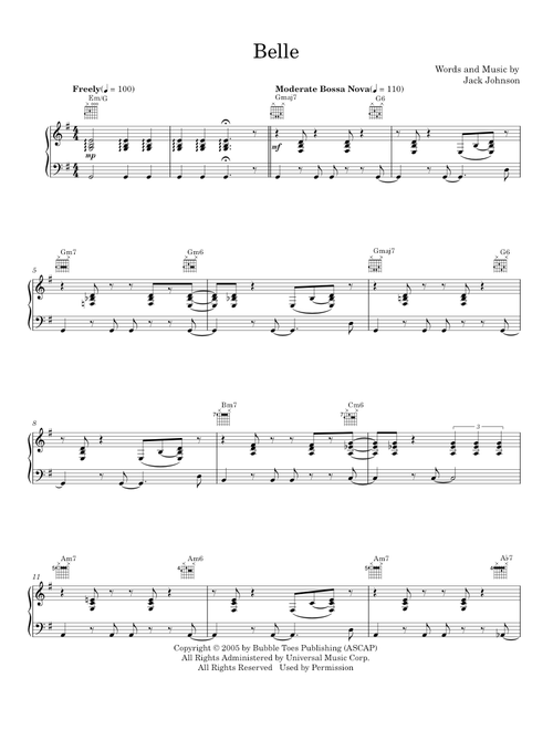 Belle - Jack Johnson (Piano-Vocal-Guitar)