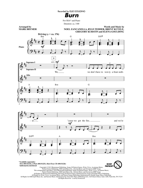Burn (arr. Mark Brymer) - Ellie Goulding (Choral, SSA)