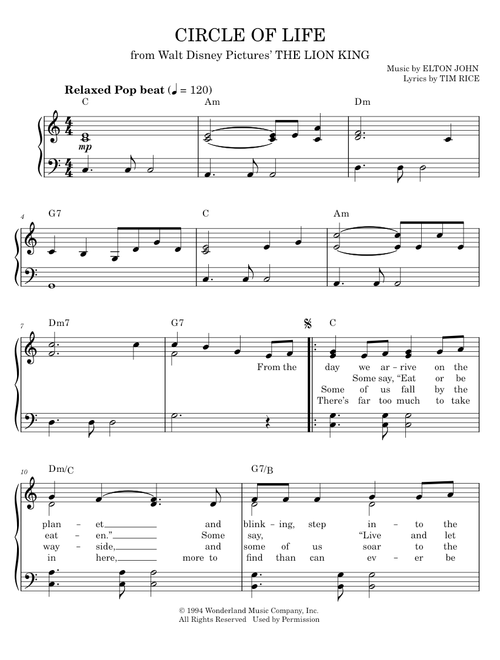 Circle Of Life (from The Lion King) - Elton John, The Lion King (Easy Piano)