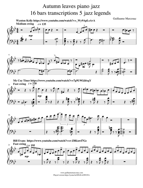 Autumn leaves piano jazz 16 bars transcriptions 5 jazz legends