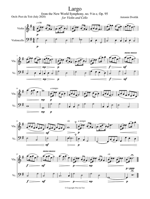 Largo from the New World Symphony no. 9 in e, Op.95 - A Dvořák  Violin & Cello