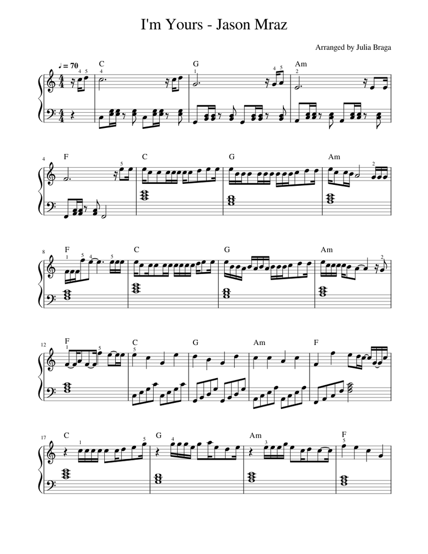 I'm Yours - Jason Mraz Sheet Music with Chords for Piano (Solo