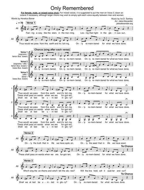 Only Remembered - SSA/TTB/SAT/SAB a cappella (Arr. Jake Alexander) - Horatius Bonar, Ira D. Sankey (Choral, 3-Part)