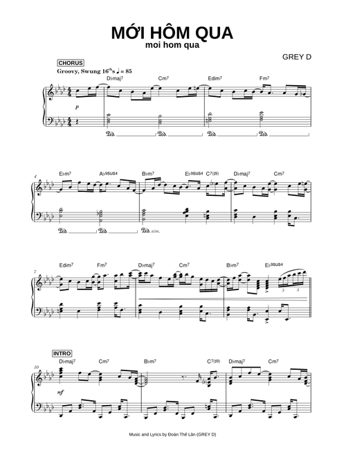 Mới hôm qua [moi hom qua] - GREY D (Piano)