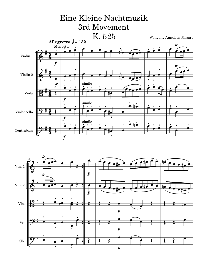 Eine Kleine Nachtmusik 3rd Movement – Wolfgang Amadeus Mozart Sheet ...