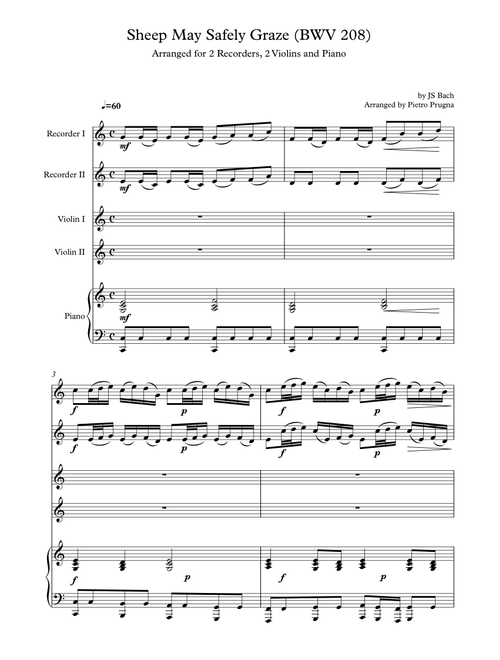 Sheep May Safely Graze (BWV 208) by JS Bach - arranged for 2 Recorders, 2 Violins and Piano (Arr. Pietro Prugna) (Small Ensemble)