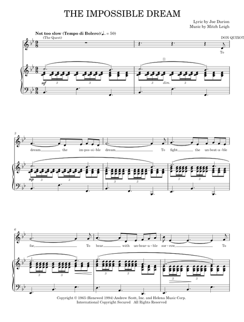 The Impossible Dream (The Quest) - Joe Darion, Man Of La Mancha Musical (Piano Vocal)