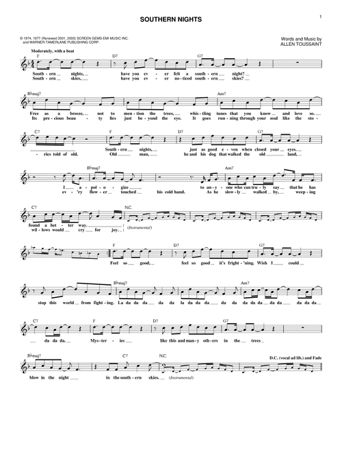 Southern Nights - Glen Campbell (Lead Sheet - Fake Book)