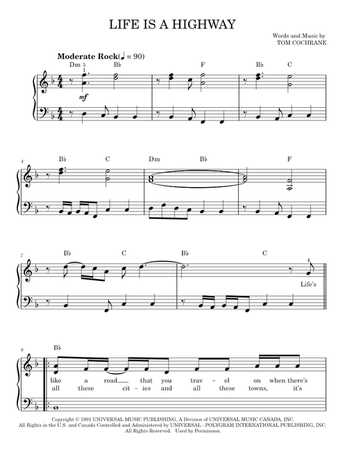 Life Is A Highway (from Cars) - Rascal Flatts, Tom Cochrane (Easy Piano)