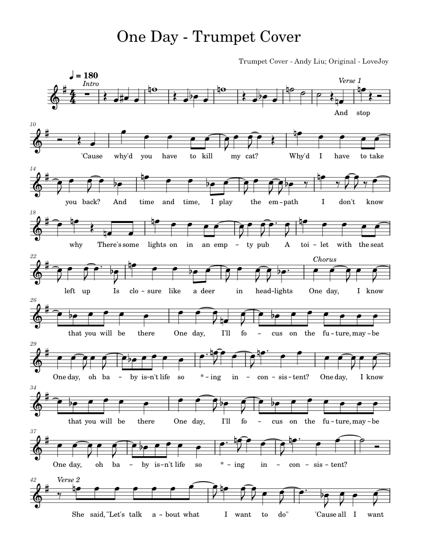 One Day Lovejoy One Day Trumpet Cover Sheet music for Trumpet in b