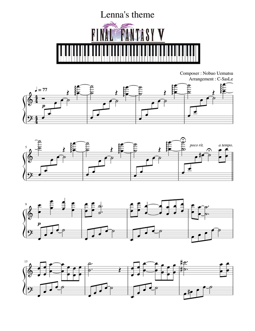 Final Fantasy V - Lenna's Theme Sheet Music for Piano (Solo