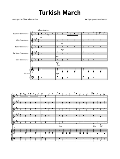 Turkish March by Mozart - Saxophone Quintet with Piano and Chord Notations (Arr. Glauco Fernandes) - Wolfgang Amadeus Mozart (Woodwind Ensemble)