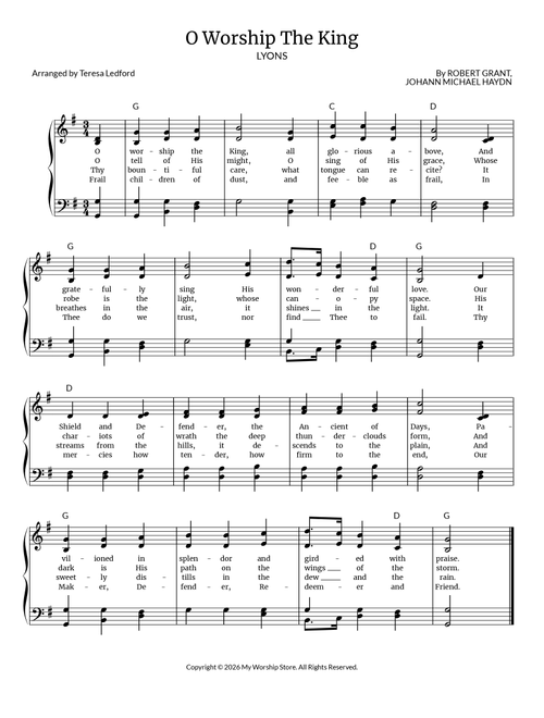 O Worship The King (Arr. Teresa Ledford) - Johann Michael Haydn (Piano-Vocal-Guitar)
