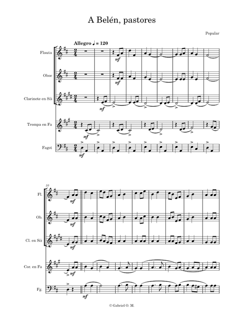 A Belén, pastores (flute, oboe, clarinet, horn and bassoon) – Popular