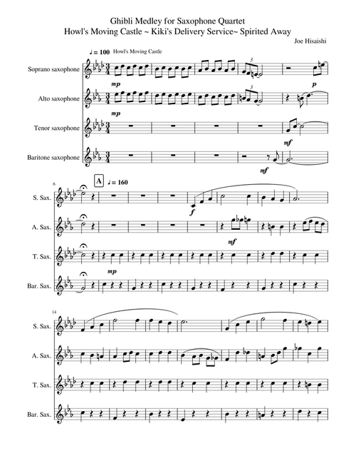 Ghibli Medley for Saxophone Quartet (Howl's Moving Castle ,Kiki's Delivery Service, Spirited Away)