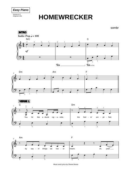 Homewrecker - sombr (Easy Piano)