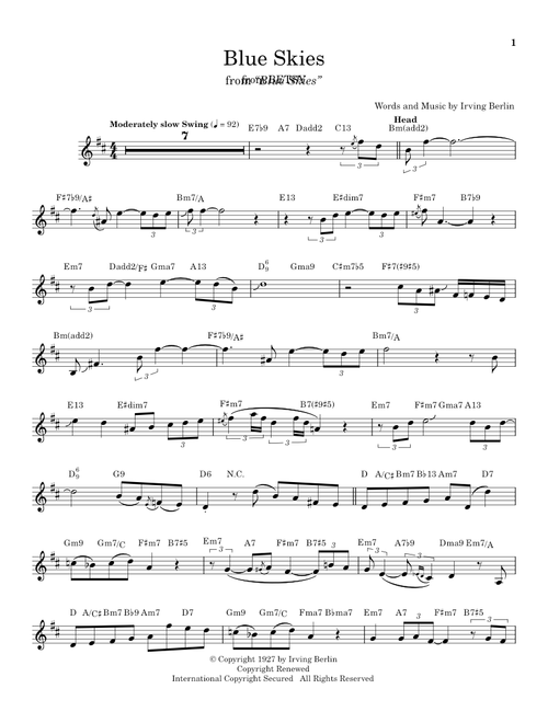 Blue Skies (from Betsy) - Stan Getz (Alto Sax Transcription)
