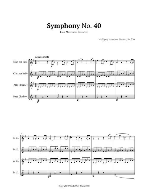 Symphony No. 40 by Mozart for Clarinet Ensemble (Arr. Ander) (Woodwind Ensemble)