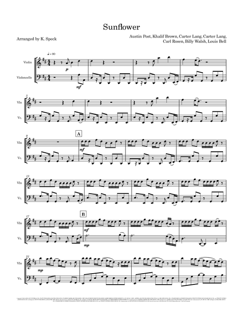 Sunflower (Arr. K. Speck) - Post Malone & Swae Lee (Instrumental Duet)