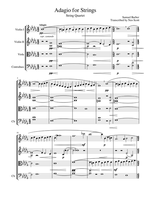 Adagio for Strings - String Quartet (With Double Bass)