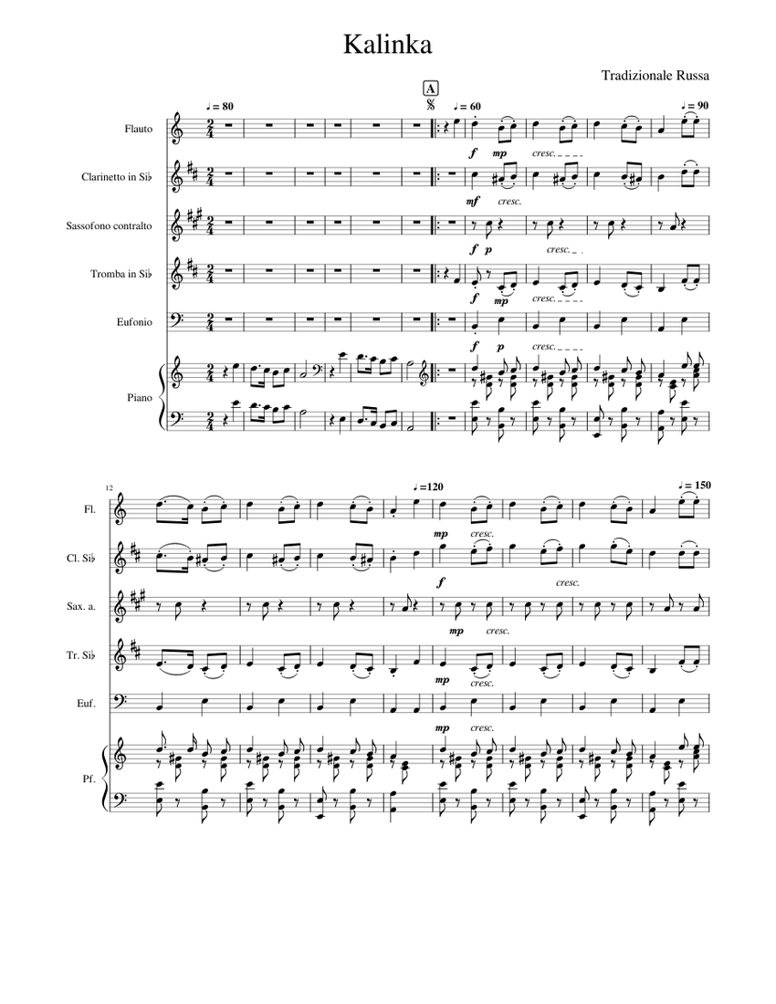 Kalinka Sheet music for Piano, Euphonium, Flute, in bflat